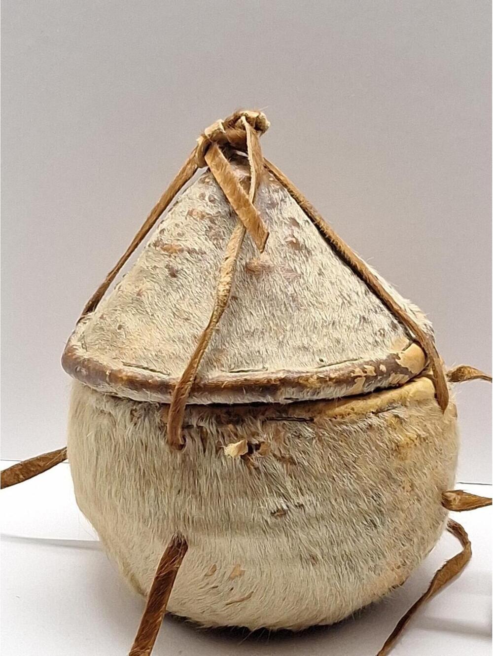 Vintage African Handmade Basket  Wrapped in Animal Skin